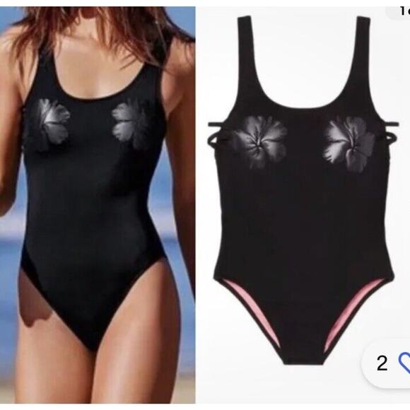 PINK Other - Victorias Secret PINK Womens Sz Large Black One Piece Swimsuit Sexy Hibiscus